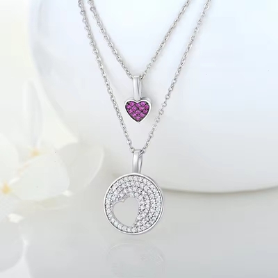 YASVITTI Ingrosso Rodio Placcato 925 Sterling Silver Zircon Gioielli Personalizzati Romantic Pink Heart Bling Charm Necklace