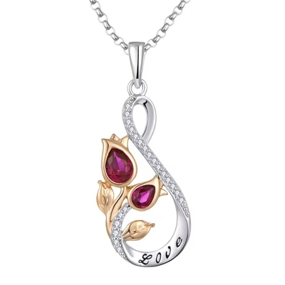YASVITTI 925 Sterling Silver Classic Ruby Rose Flower Pendant Necklace Cubic Zircon Love Engraved Necklace all'ingrosso