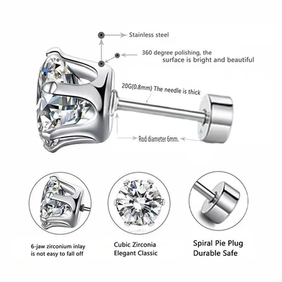 Orecchini di acciaio di titanio di moda con ago fine Orecchini di acciaio inossidabile rotondo 18k Orecchini di zircone dorato