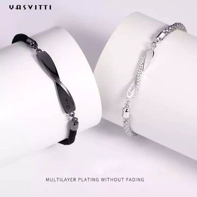 braccialetto della corda del nero di 8.7in 7g Sterling Silver Jewelry Bracelets 3A CZ
