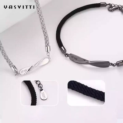 braccialetto della corda del nero di 8.7in 7g Sterling Silver Jewelry Bracelets 3A CZ