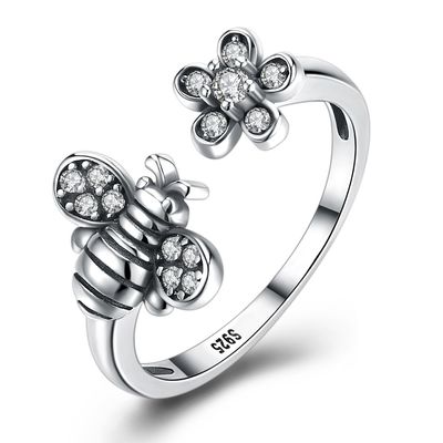 Anello sveglio del fiore dell'ape regolabile di Sterling Silver 925