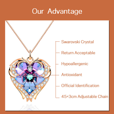 Grande collana del cuore dei gioielli d'argento a 18 pollici 8,2 con la collana di Austrian crystal Crystal Gold Colorful Crystal Trendy